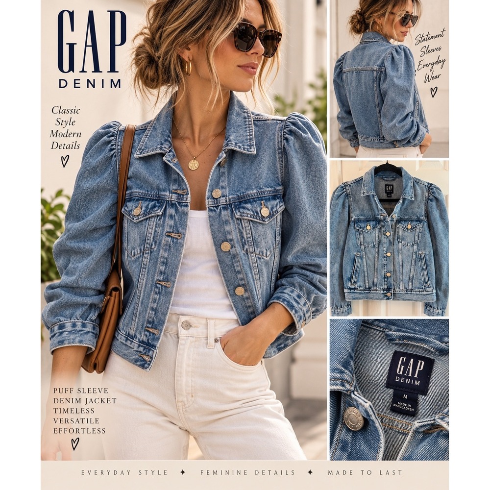 GAP Denim Puff Sleeve Jean Trucker Jacket  Princess Sleeve Cottagecore NWT M